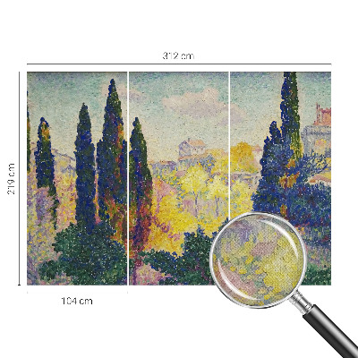 Self-adhesive wall mural featuring impressionist landscape artwork