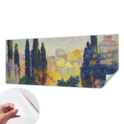 Self-adhesive wall mural featuring impressionist landscape artwork