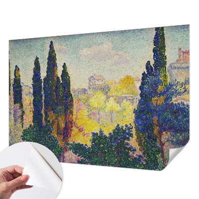 Self-adhesive wall mural featuring impressionist landscape artwork
