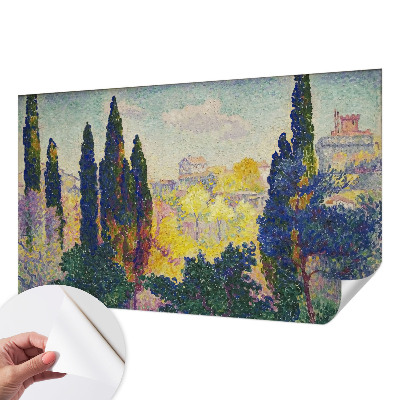 Self-adhesive wall mural featuring impressionist landscape artwork