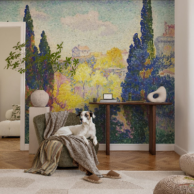 Self-adhesive wall mural featuring impressionist landscape artwork