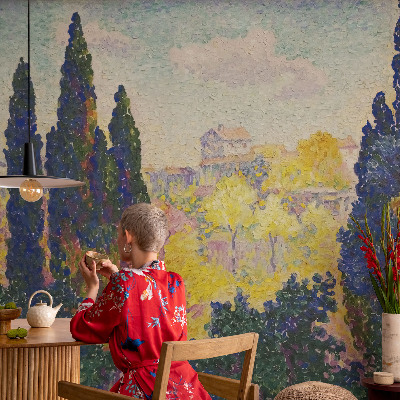 Self-adhesive wall mural featuring impressionist landscape artwork