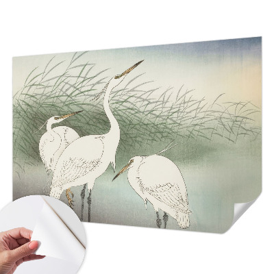 Baby room wall mural with herons in the grass motif