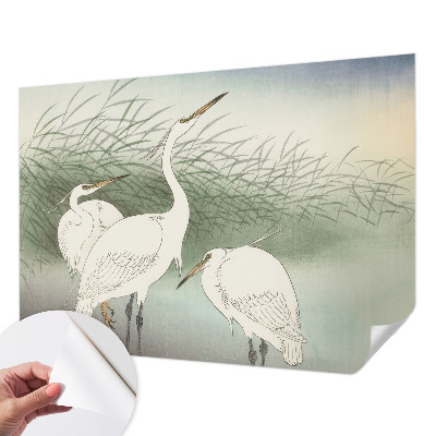 Baby room wall mural with herons in the grass motif