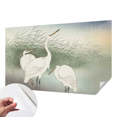 Baby room wall mural with herons in the grass motif