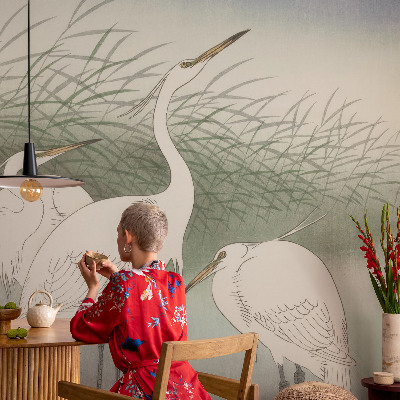 Baby room wall mural with herons in the grass motif