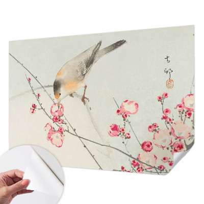 Peel and stick wall mural with a floral and bird design