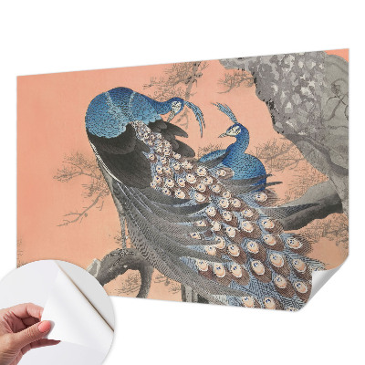 Self-adhesive wall mural with a peacock design