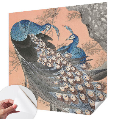 Self-adhesive wall mural with a peacock design