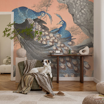 Self-adhesive wall mural with a peacock design