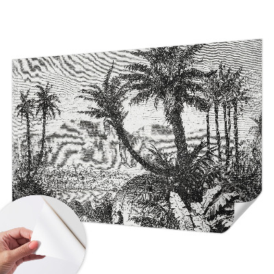 Removable wall mural wallpaper with a tropical oasis design