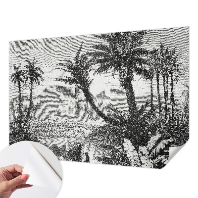 Removable wall mural wallpaper with a tropical oasis design