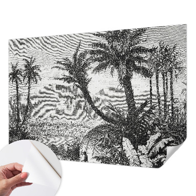 Removable wall mural wallpaper with a tropical oasis design