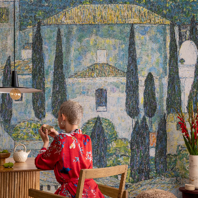 Peel and stick wall mural for kids' room with a cypress houses design