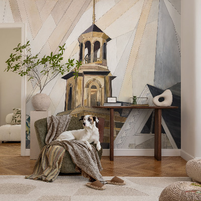 Removable wall mural featuring an architectural tower motif