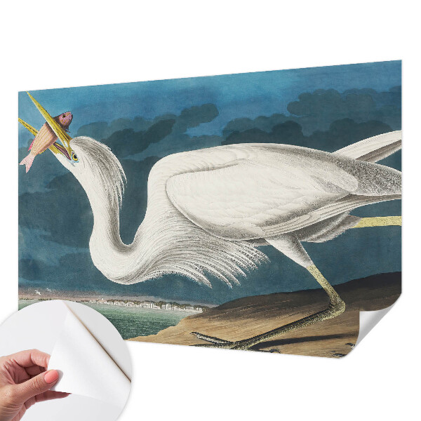 Removable wall mural featuring a bird holding a fish motif