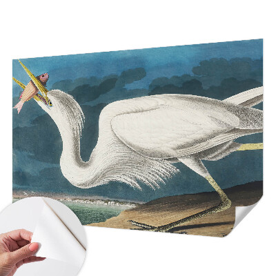 Removable wall mural featuring a bird holding a fish motif