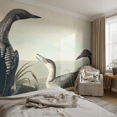 Children's wall mural with a design of birds flying over water