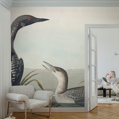 Children's wall mural with a design of birds flying over water