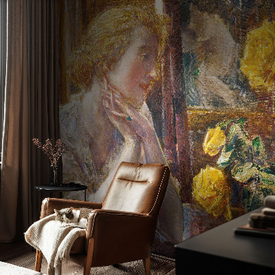 Stick-on wall mural featuring a woman surrounded by roses
