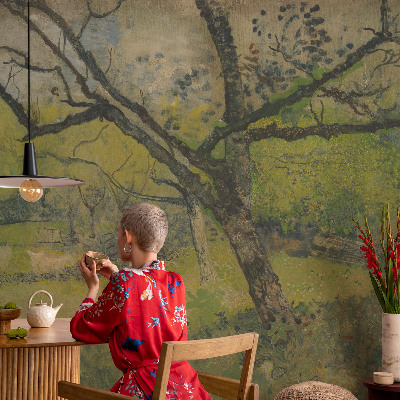 Peel and stick wall mural for bedroom featuring a green landscape