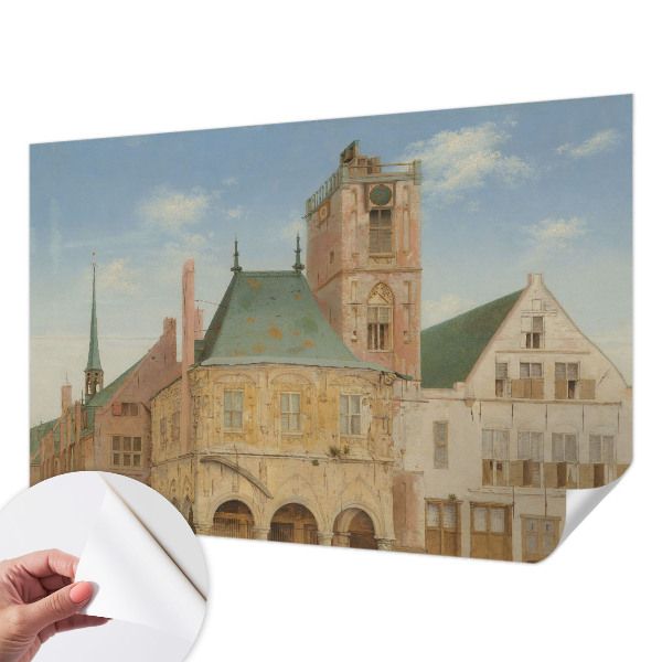 Nursery wall mural with a historic town hall design