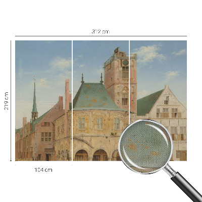 Nursery wall mural with a historic town hall design