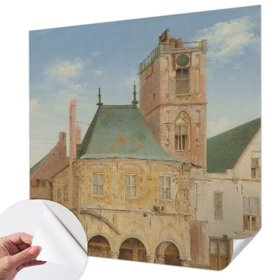 Nursery wall mural with a historic town hall design