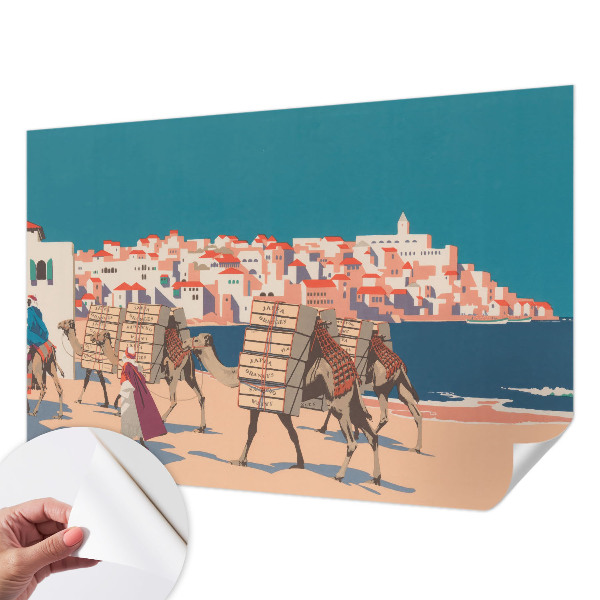 Peel and stick wall mural for living room with a camel caravan design