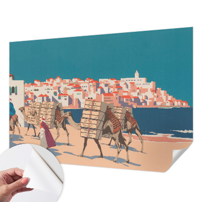 Peel and stick wall mural for living room with a camel caravan design