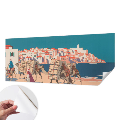 Peel and stick wall mural for living room with a camel caravan design