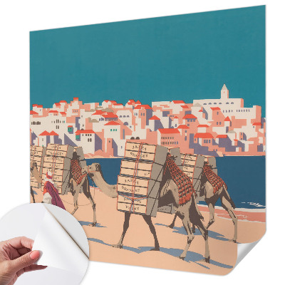Peel and stick wall mural for living room with a camel caravan design