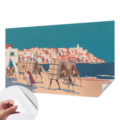 Peel and stick wall mural for living room with a camel caravan design