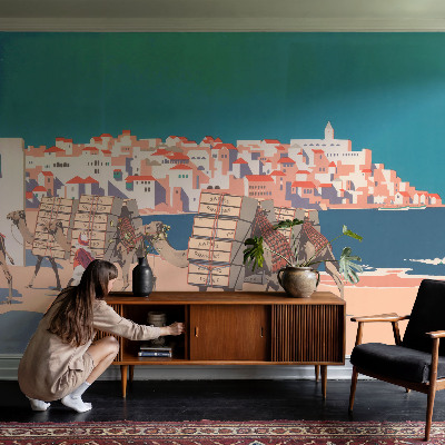 Peel and stick wall mural for living room with a camel caravan design