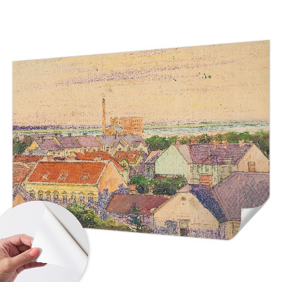 Peel and stick wall mural for bedroom featuring an urban rooftop scene