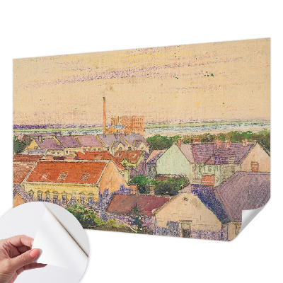 Peel and stick wall mural for bedroom featuring an urban rooftop scene