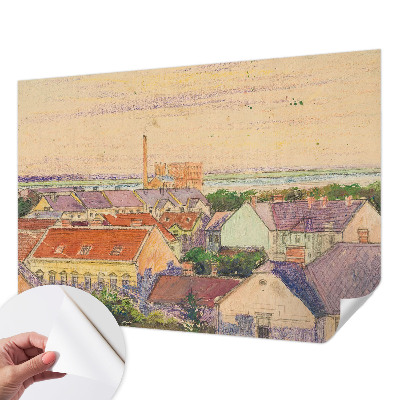 Peel and stick wall mural for bedroom featuring an urban rooftop scene