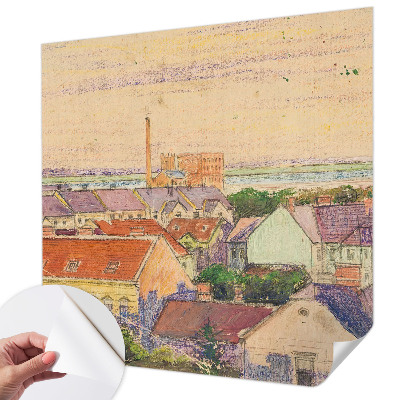 Peel and stick wall mural for bedroom featuring an urban rooftop scene