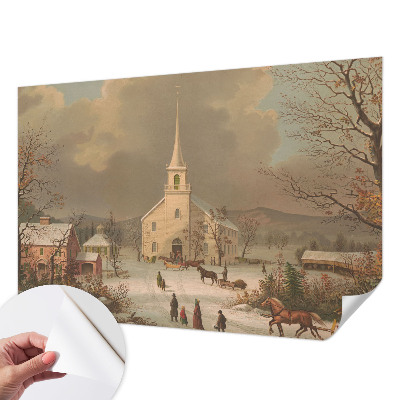Self-adhesive wall mural with a winter landscape design