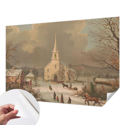 Self-adhesive wall mural with a winter landscape design