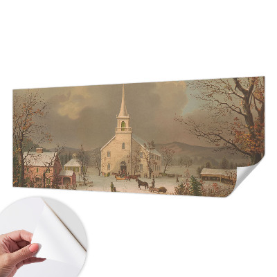 Self-adhesive wall mural with a winter landscape design