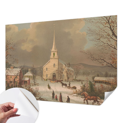 Self-adhesive wall mural with a winter landscape design