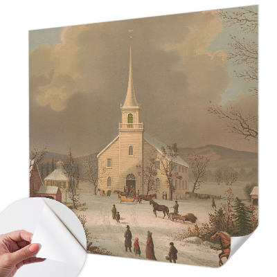 Self-adhesive wall mural with a winter landscape design