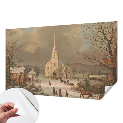 Self-adhesive wall mural with a winter landscape design