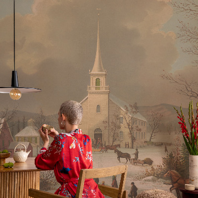 Self-adhesive wall mural with a winter landscape design