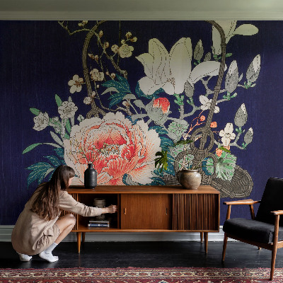 Peel and stick wall mural for living room with a flower basket design