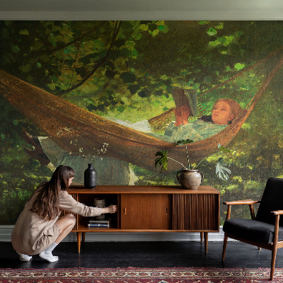 Stick-on wall mural featuring a relaxing hammock scene
