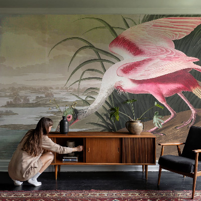 Removable wall mural wallpaper with an exotic bird motif