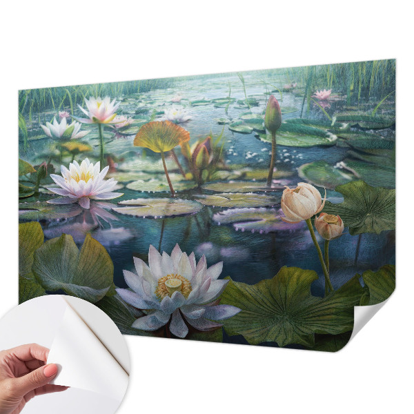 Self-adhesive wall mural with pond flowers motif