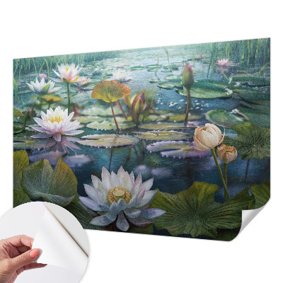 Self-adhesive wall mural with pond flowers motif